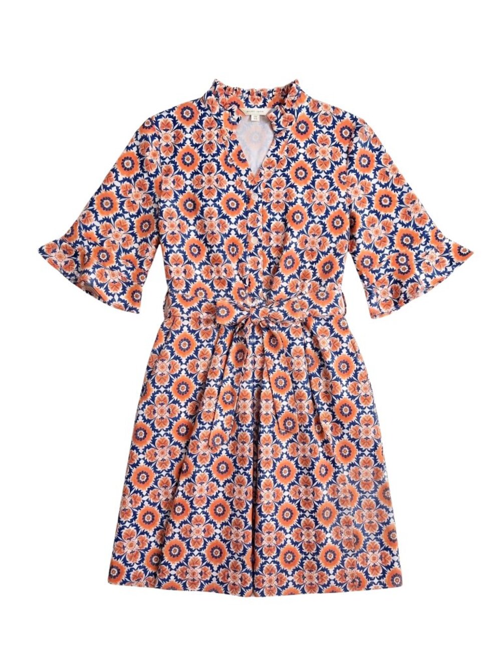 NWT | OURIN Floral Orange & Blue Ruffle Sleeve Belted Midi Dress M